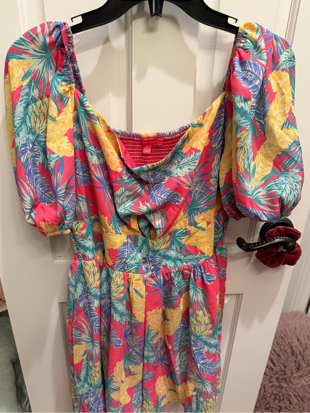 Tropical Puff Sleeve Romper - Pink, Yellow & Teal